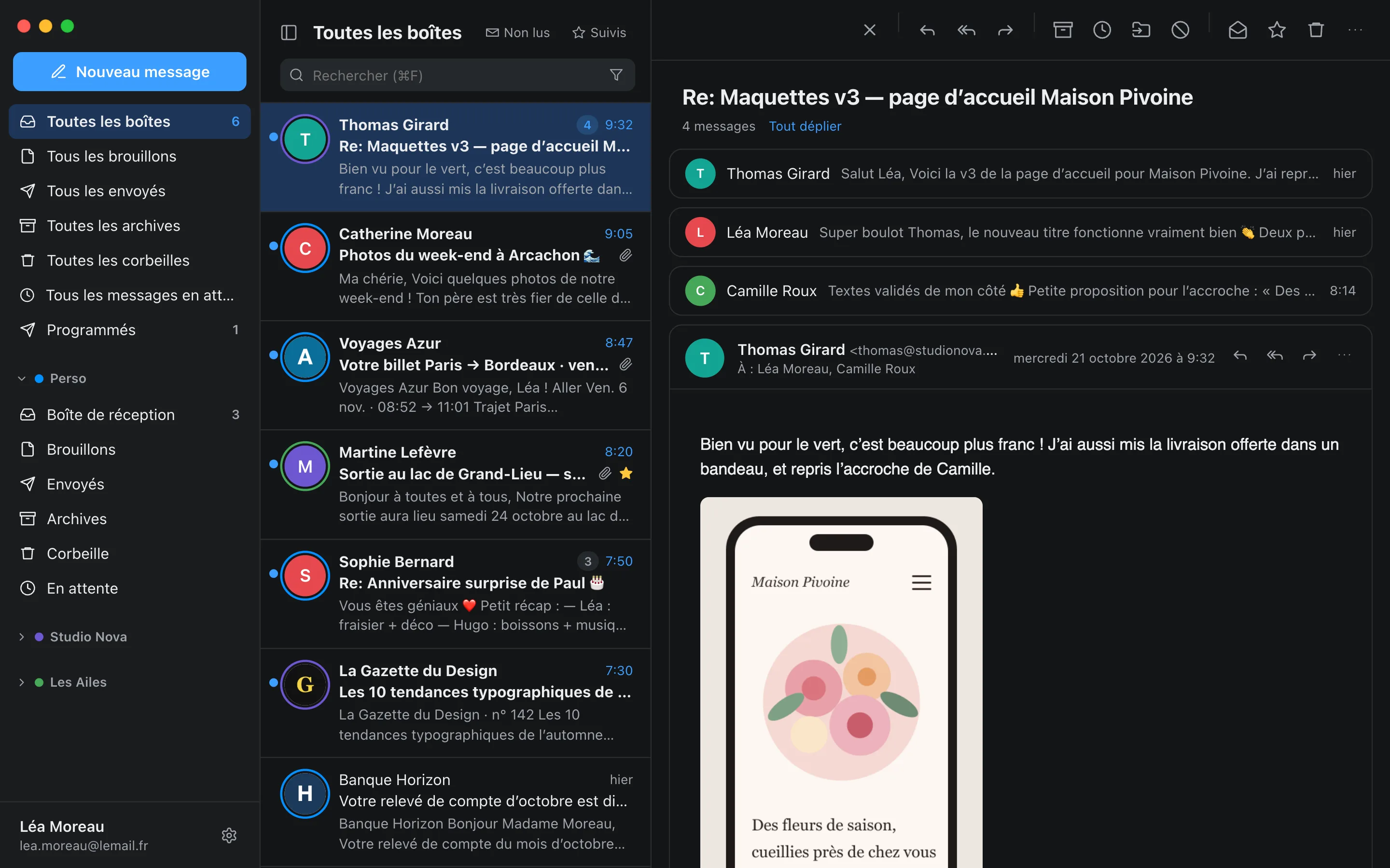 Heron sur Mac : la boîte « Toutes les boîtes » réunit les messages de trois comptes, chacun repéré par sa couleur.