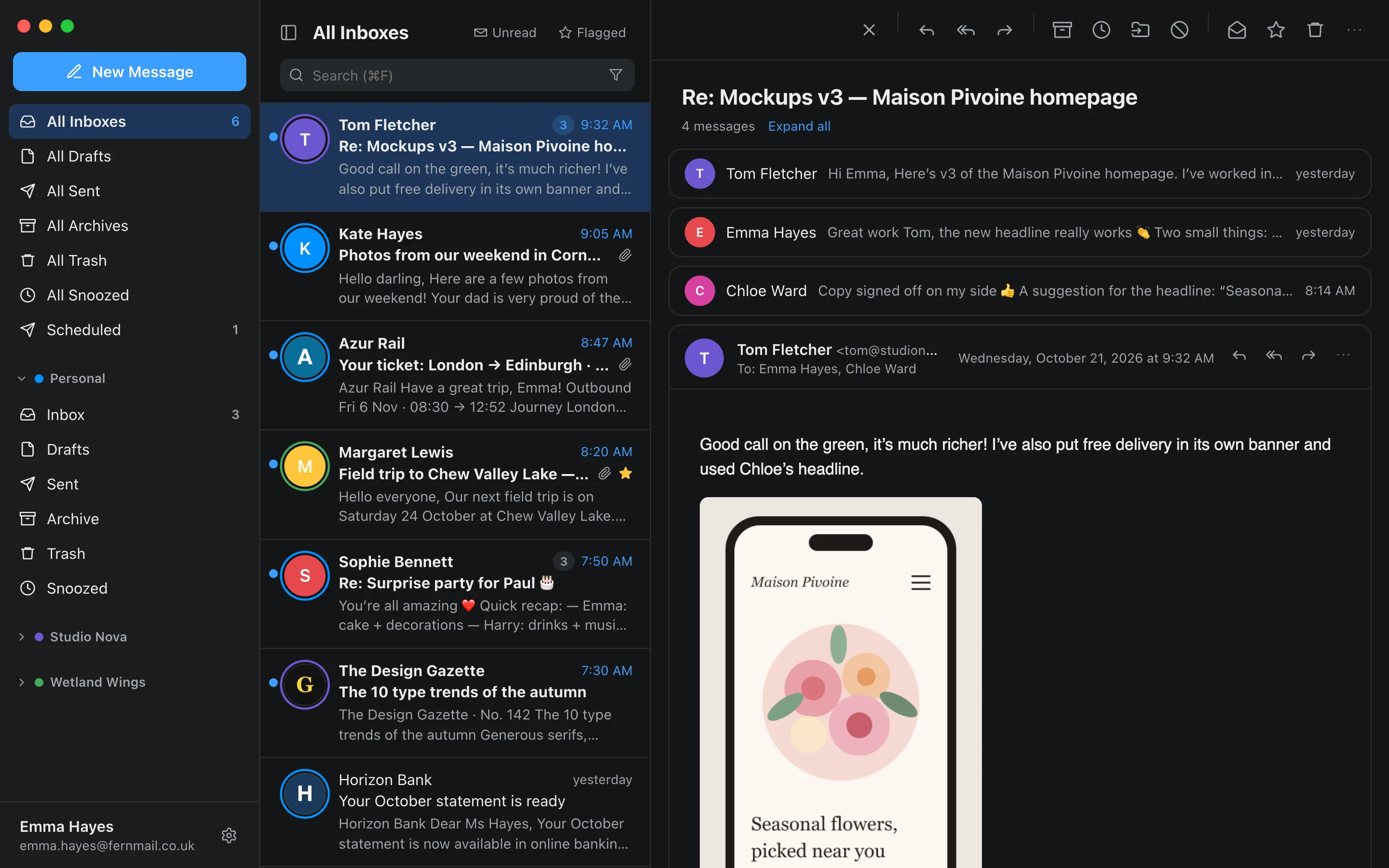 Heron on Mac: the “All Inboxes” view gathers messages from three accounts, each marked with its color.