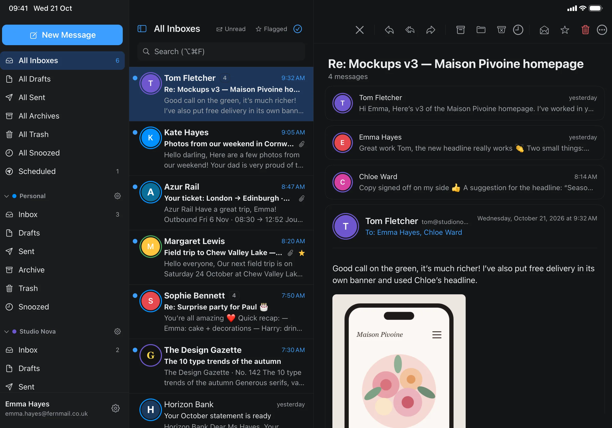Heron on iPad: account sidebar, message list and reader side by side.