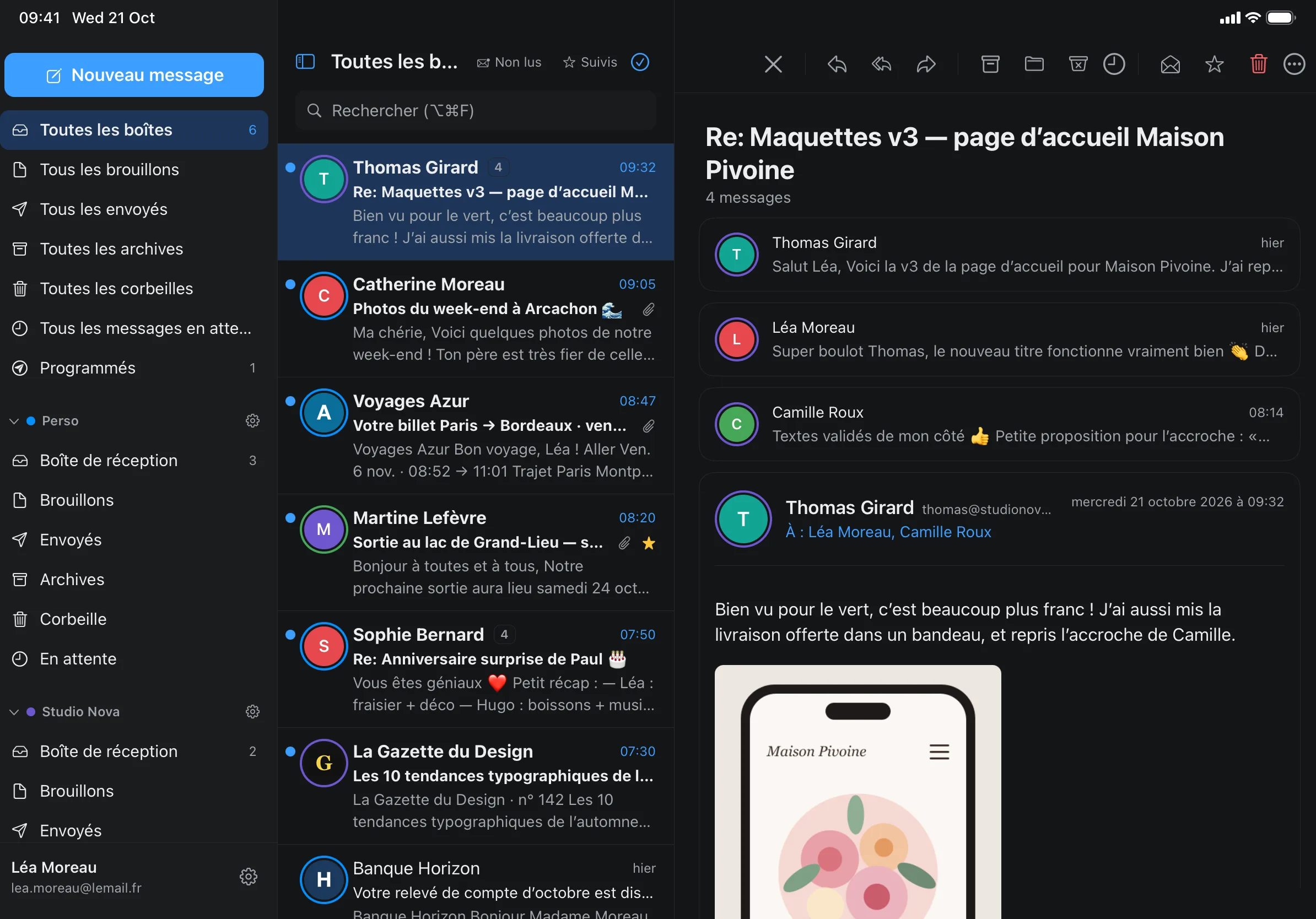 Heron sur iPad : barre latérale des comptes, liste des messages et lecture côte à côte.