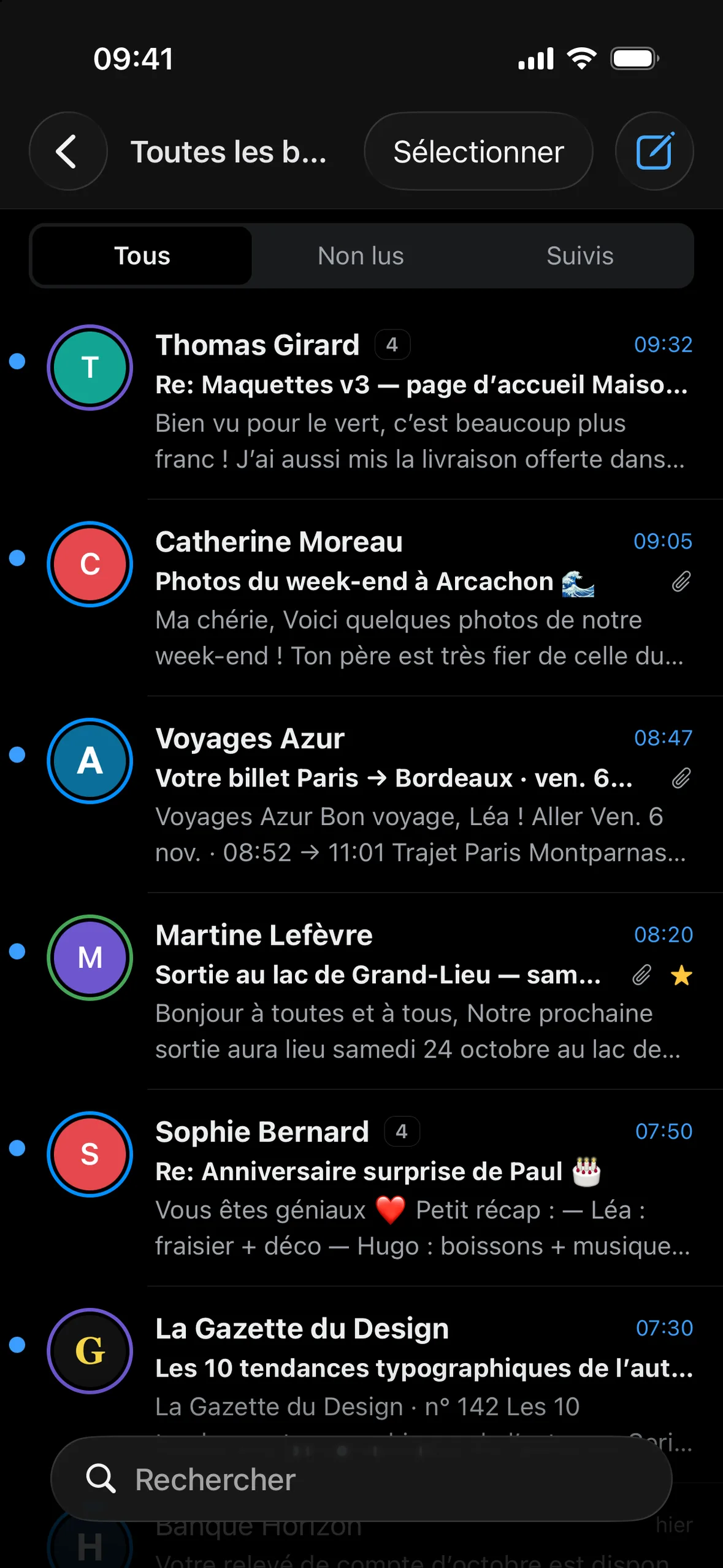 Heron sur iPhone : la liste des messages de toutes les boîtes.