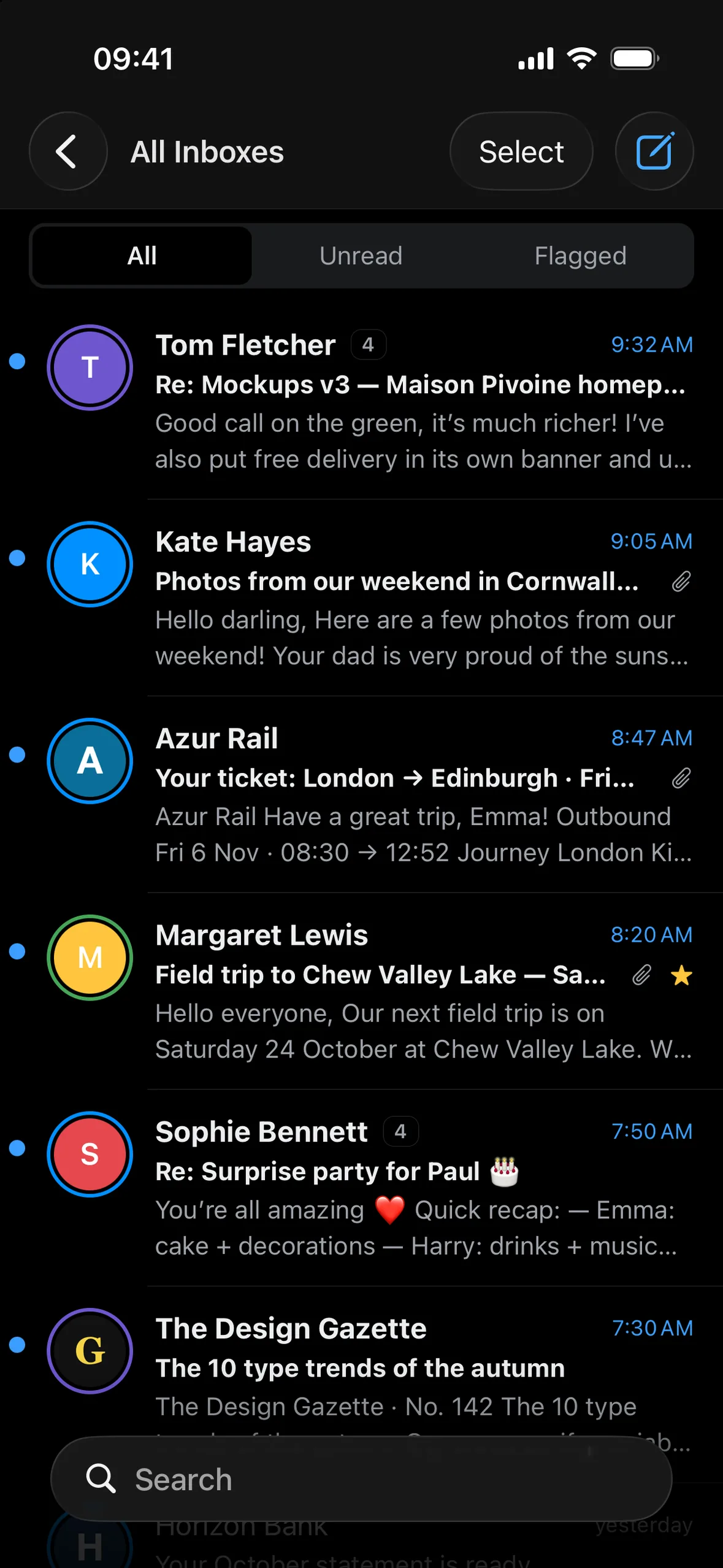 Heron on iPhone: the message list for all inboxes.